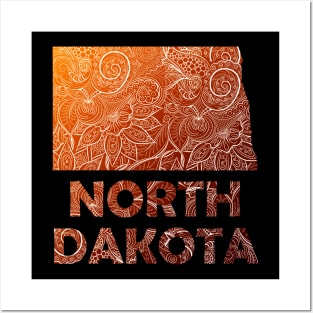 Colorful mandala art map of North Dakota with text in brown and orange Posters and Art